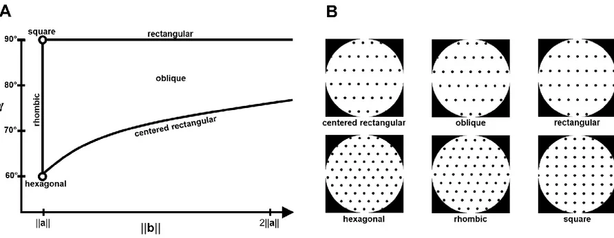 Figure 1.2: Taxonomy of dot lattices. (A). The six classes of dot lattices are obtained by keeping  constant the norm of vector a and varying ||b|| and γ accordingly