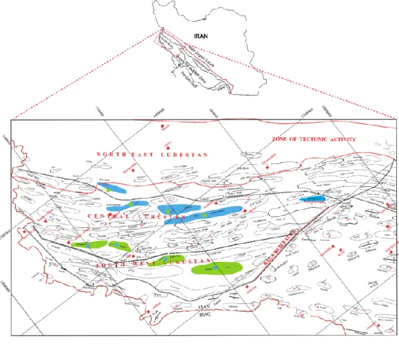Figure  3.1  The  map  showing  the  study  area  and  the  locations  of  the  studied  wells and sections 