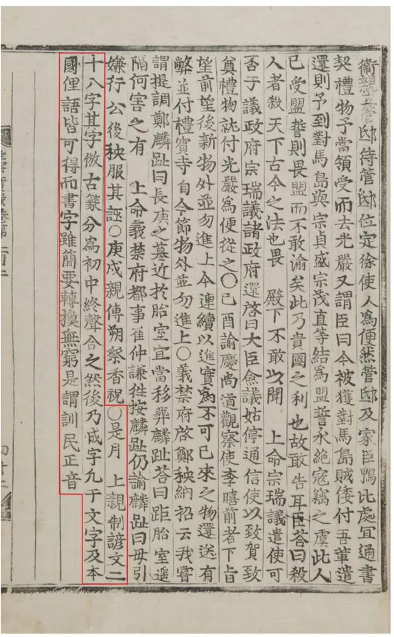 Figure 10. Sejong Sillok 世宗實錄 (Annals of King Sejong), 102:42a. Framed in red is the  entry recording the completion of the vernacular script