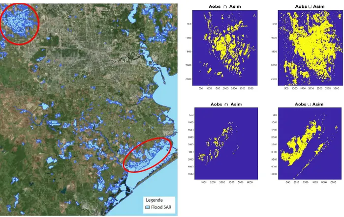 Figure 30 -  Correspondence between the flooding areas obtained by hydraulic simulation and SAR satellite 