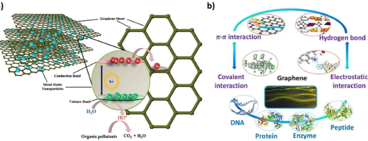 Figure 2.7. a) Representation of graphene sheets decorated with metal oxide  nanoparticles acting for pollutants detection [104]; b) Schematic representation of 