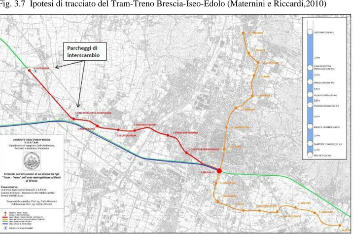 Fig. 3.7  Ipotesi di tracciato del Tram-Treno Brescia-Iseo-Edolo (Maternini e Riccardi,2010) 