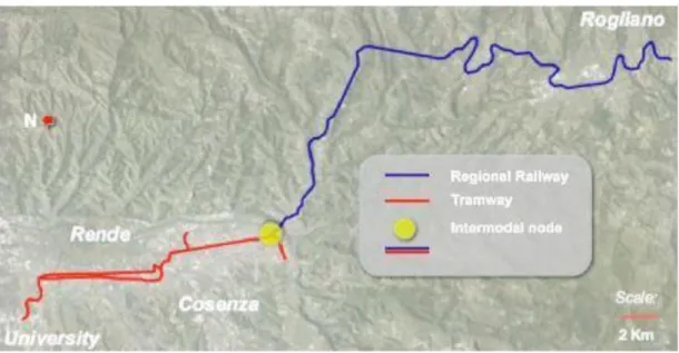 Fig. 3.8 Ipotesi di tracciato del tram di Cosenza (Festa e Lo Feudo,2012) 