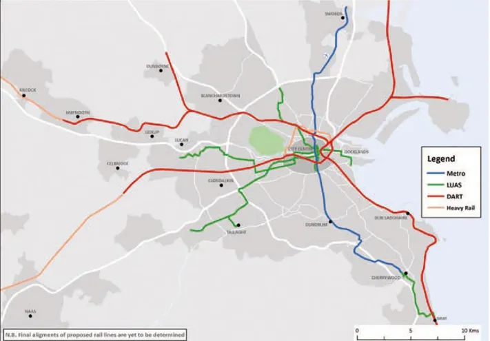Fig.  3.4  Ipotesi  di  assetto  delle  infrastrutture  su  ferro  a  Dublino  nel  2030  (National  Transport  Authority 2016)  