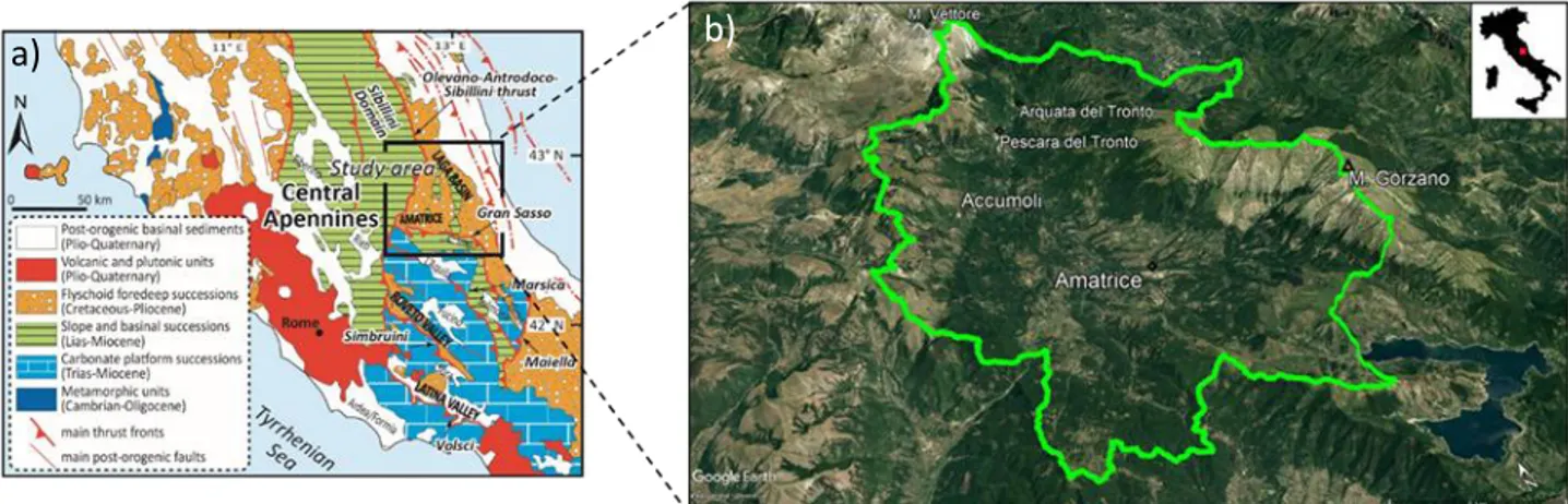 Figura 2.1 – a) Immagine modificata da Vignaroli et al. (2019). Schema geologico dell'Appennino centrale in  cui sono indicati i principali domini strutturali