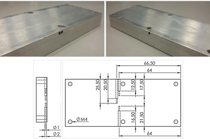Figure 18: View of the aluminum bottom side and CAD drawing of the thermocouples venues