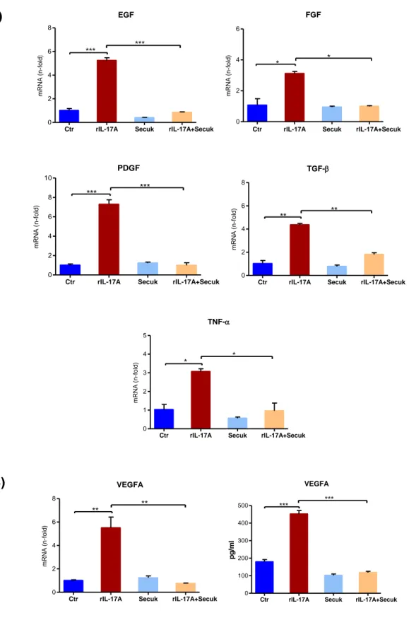 Figure  9  A-B.  The  effects  of  Secukinumab  on  IL-17A-dependent  angiogenesis.  (A)  EGF,  FGF,  PDGF,  TGF-β  and  TNF-α  gene  expression  levels  in  HaCaT  cells