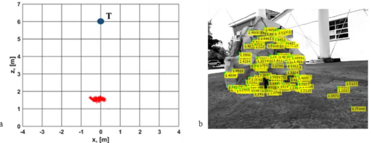 Figure 1-10: Obstacle localization in 50cm step discretized (X,Z) plane (left) and depth marks in camera  image (right) 