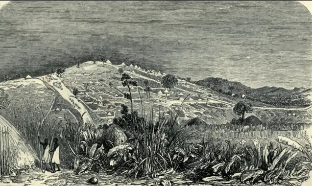Figura 1. «View of King Mtesas’ Palace from my hut – Uganda» (Speke 1864). 	