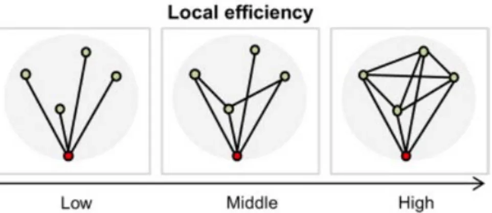 Figura 9. Esempio di local efficiency. Nell’immagine sono presenti tre grafi: da sinistra a 