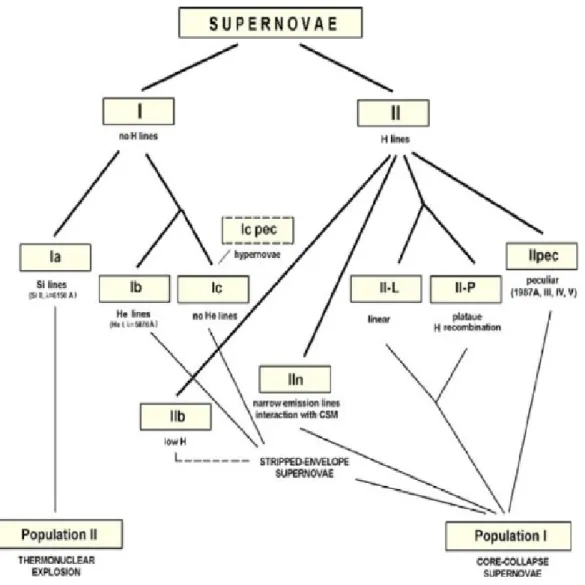 Figure 1.7: The classification of SNe, this scheme includes Type I and Type II with the different classes (this figure is taken from the website of the University of Belgrade, department of Astronomy)