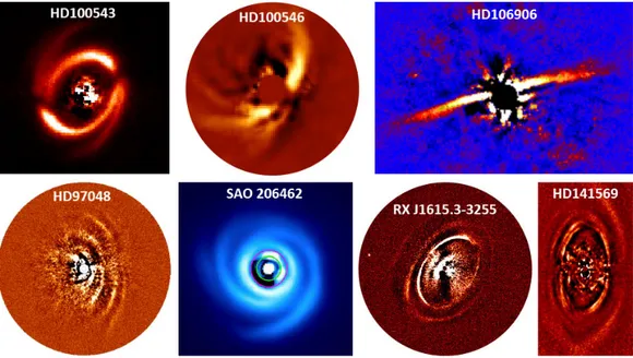 Figure 5.1: Gallery of protoplanetary and debris disks obtained with SPHERE (Spectro-Polarimetric High-contrast Exoplanet REsearch) in the SHINE (SpHere INfrared survey for Exoplanets) survey