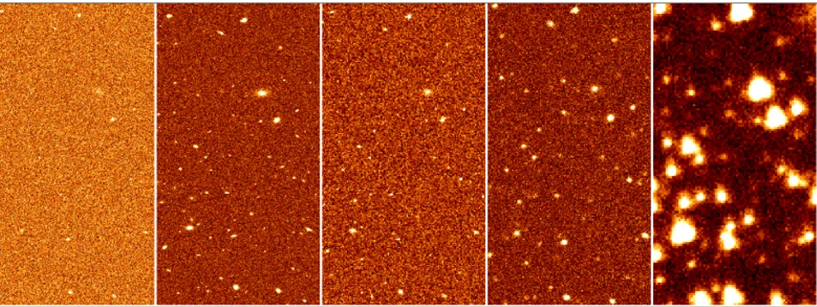 Figure 4.3. From left to right: Crops of the CM (Average field) image central area for VIS, H160, NIR H, EXT G and IRAC