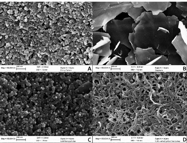 Figure 4.1: SEM images at 150,000 magnifications of GC electrodes (A) and with different nanomaterials 