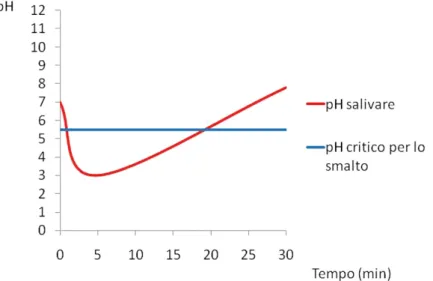 Figura 4. Tipica curva di Stephan raffigurante l’andamento del pH della placca dopo ingestione di 