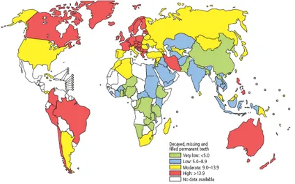 Figura 2. Livello mondiale di carie (DMFT) in individui tra 35 e 44 anni (Dicembre 2004, WHO)