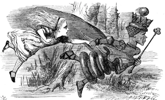 Figura 1 - La corsa della Regina Rossa e di Alice, illustrata da John Tenniel per la prima  edizione di Through the Looking-Glass, and What Alice Found There (1871)