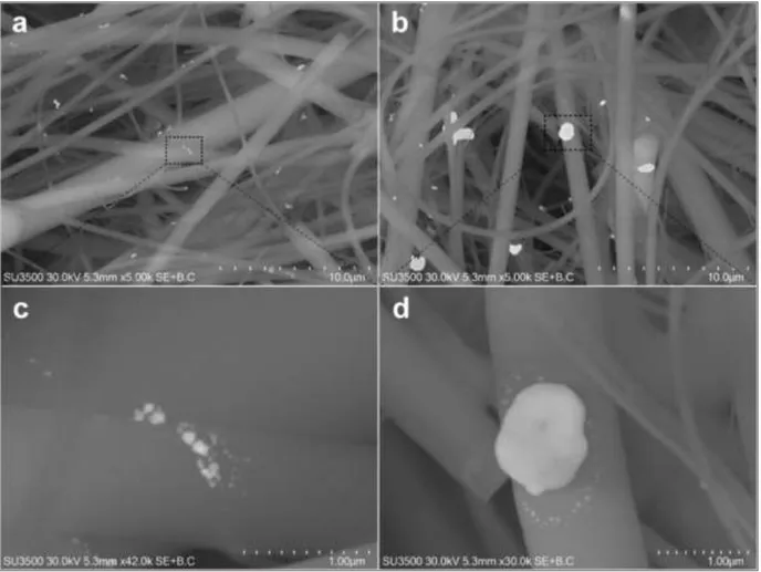 Figure 13 – SEM images of AuNPs deposited onto quartz fibres after thermal treatment: AuNPs- AuNPs-TR (a, c) and AuNPs-BI (b, d)