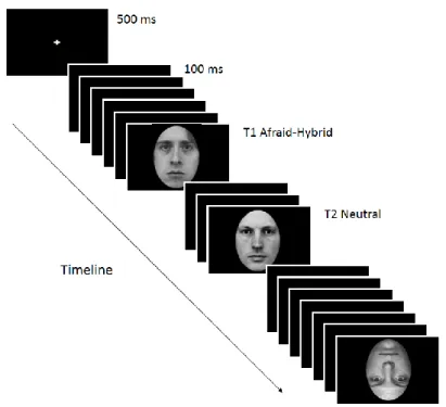 Figure 3.5. Sequence of events in the RSVP for Hybrid-Happy T1 followed by T2 at lag 3