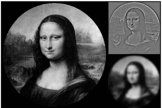 Figure  2.1.  Example  of  the  Monalisa  face  (on  the  right)  filtered  at  HSF  (on  the  top-left)  or  LSF (on the bottom-left)