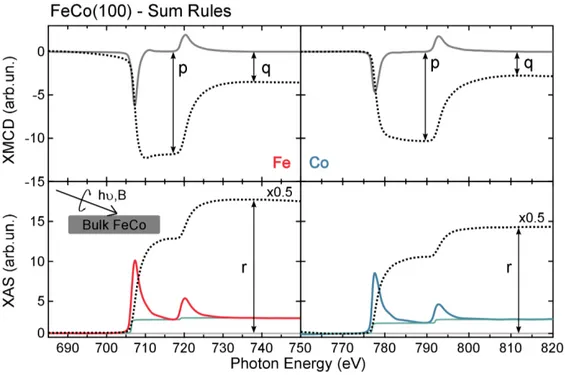 Figure 2.15: XAS (bottom) and XMCD (top) spectra at the Fe (left) and Co (right) L 2,3 absorption edges