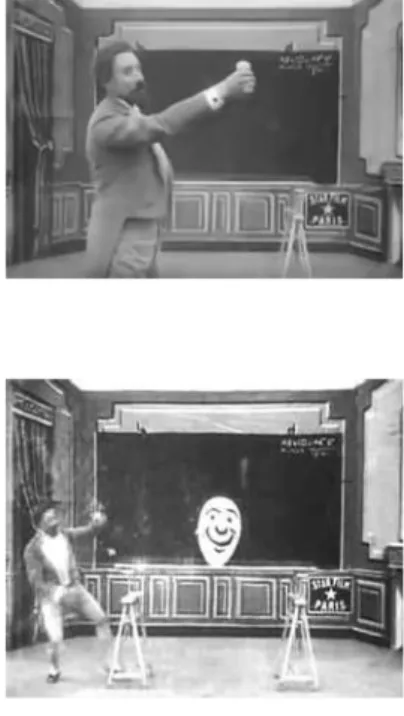 tableau   a  trucchi  di  George  Méliès  (1896).  Sparizioni  e  riapparizioni  su  fondali  neutri  sono  i  primi  effetti  speciali  del  cinema,  realizzati  con  il  montaggio  trucco,   ovvero  attraverso  l’arresto  in  camera  della  ripresa  e  l
