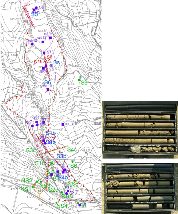 Figure 32 - Survey area at 1:5000 scale (left): old surveys executed in 2006 (in blue),                 new geognostic surveys in 2010 (in green)