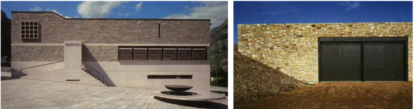 Fig. 13 Dettaglio della muratura lapidea del Scuola di Alti Studi Musicali della Galizia progettata da  Abril; vista dell’esterno della Stone House progettata da Herzog &amp; de Meuron 