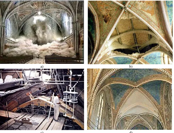 Figura 2.14 Basilica di San Francesco d’Assisi: fotogramma del momento del crollo a seguito del sisma del ’97 (a);  porzione di volta crollata (b); fase di restauro della volta con la posa della centina (c); ricostruzione della volta (d)