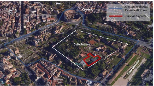 Figura 4.1 Inquadramento urbanistico: vista generale dell’Area Archeologica Centrale   e identificazione della Casa di Augusto