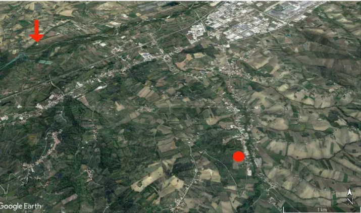 Fig. 1 Vista del sito e dell’area circostante da Google Earth; la freccia rossa indica il corso del fiume Tronto