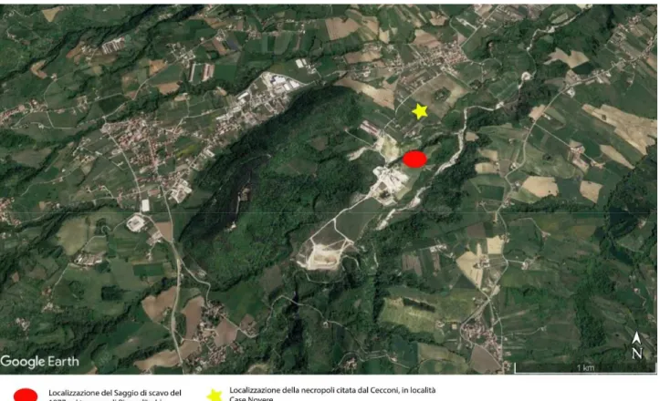 Fig. 3 Panoramica dell’area intorno al sito, con localizzazione dell’abitato del BM-BR di Fontana degli Amanti.