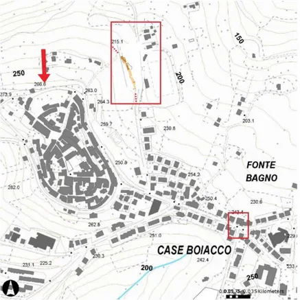 Fig. 8 Posizione  del  muro difensivo,  della  probabile necropoli  in  Località  Fonte  Bagno  e  dell’abitato,  sulla  sommità della collina