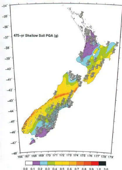 Figure 2.7. Distribution of URM churches compared with the New Zealand  national seismic hazard model (Stirling et al., 2012)