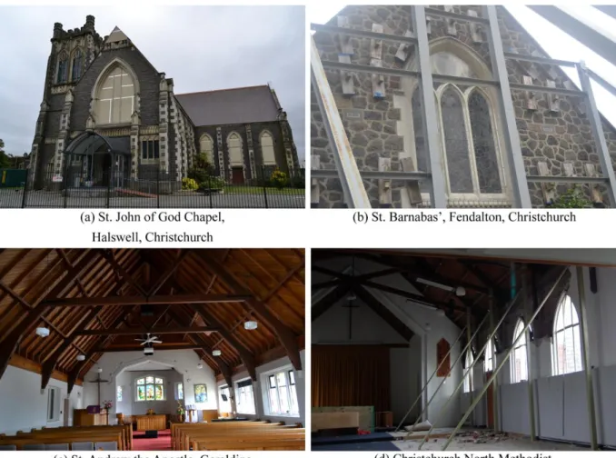 Figure 3.17. Examples of vulnerability modifiers: (a-b) presence/lack of buttresses;  (c-d) presence/lack of a horizontal element able to absorb the thrust of the roof