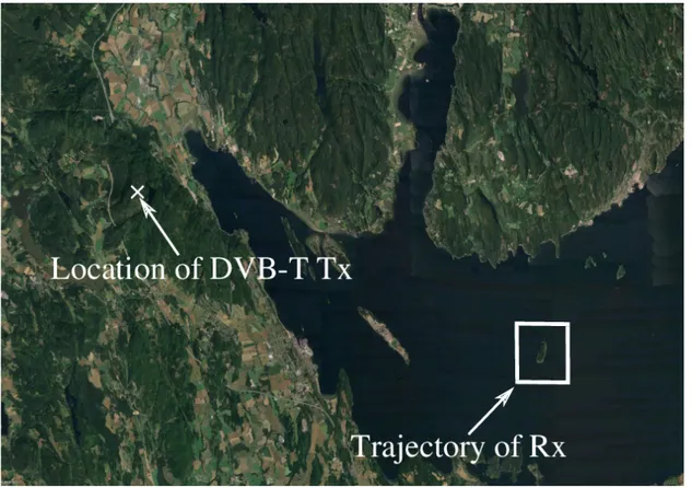 Fig. 4.4: Map of the Oslo fjord with indicated transmitter position and the re- re-ceiver’s trajectory (from: GoogleEarth).