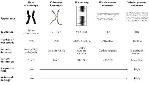 Figure 2. Genome-wide assays used in clinical genetics: from traditional methods to whole genome sequencing