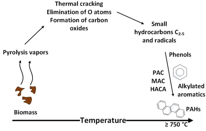Figure 2.5 Schematic of the proposed model for PAH formation during gasification. Adapted from [48].