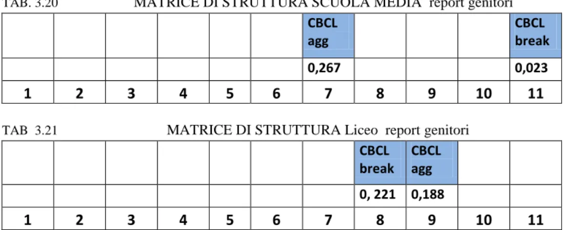 TAB. 3.20                        MATRICE DI STRUTTURA SCUOLA MEDIA  report genitori CBCL  agg     CBCL  break  0,267  0,023  1  2  3  4  5  6  7  8  9  10  11 