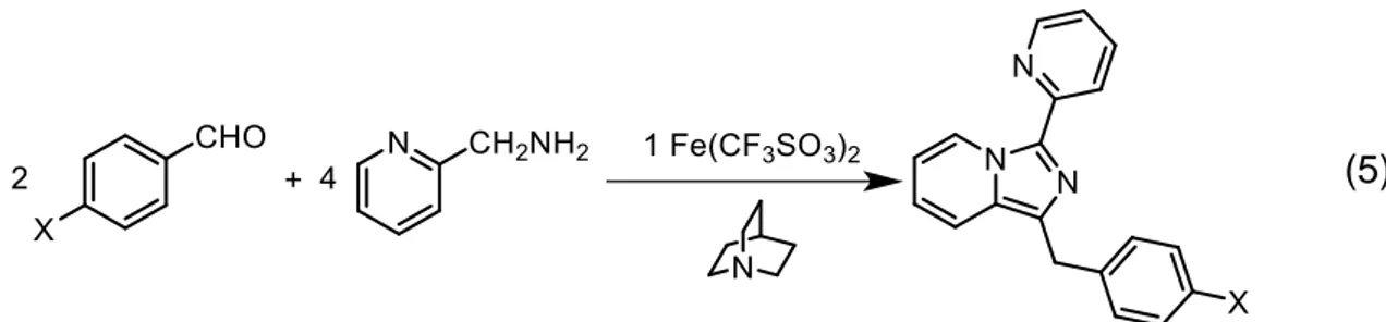 Table  2-2.  Yields  of  3-(2-pyridyl)-1-(4-X-benzyl)imidazo[1,5-a]pyridine  derivatives  obtained  from  a  mixture  of  p-X-benzaldehyde  (1.0 mmol),  2-picolylamine  (2.0 mmol),  and  bis(acetonitrile)iron(II)  trifluoromethanesulfonate  (0.5  mmol)  in
