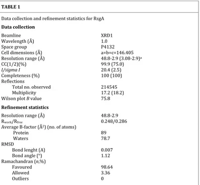 Table 1. Data collection and refinement statistics for PaRsgA.  TABLE	1	Data	collection	and	refinement	statistics	for	RsgA	Data	collection			Beamline	XRD1	Wavelength	(Å)	1.0	Space	group	P4132	Cell	dimensions	(Å)	a=b=c=146.405	Resolution	range	(Å)	48.8-2.9	