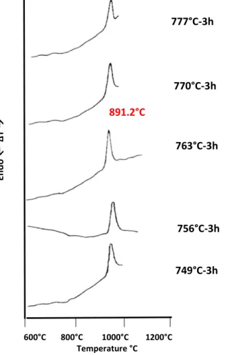 Figure 3.6.5 Differential thermal analyses traces of CMAS1 sample previously nucleated at the indicated temperature for 3h