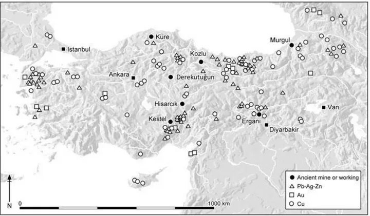 Figura 1: Principali concentrazioni di minerali in Anatolia, da Lehner e Yener 2014: 532