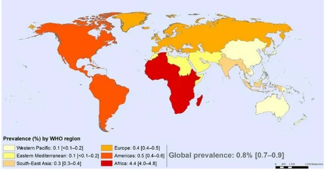 Figura 1 : Prevalenza dell’infezione da HIV (WHO 2015). 