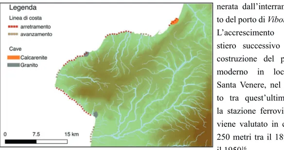 Fig. 5 - Andamento della linea di costa (rielaborazione dell’autore sulla base  di Lena 1989) e posizionamento delle cave di materiale lapideo