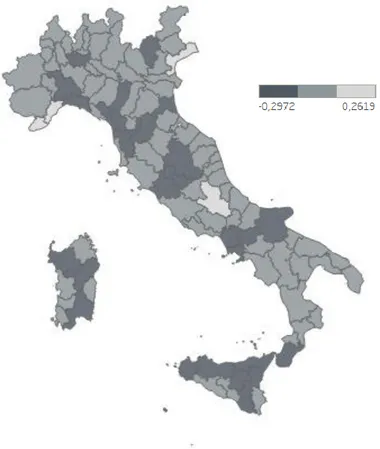 Figura  18  –  Mappa  della  dinamica  della  spesa  corrente  sostenuta  per  i  servizi  istituzionali, generali e di amministrazione - Variazioni percentuali – anni 2016-2010 