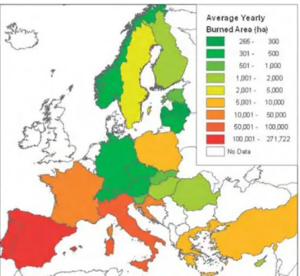 Figura 2.1: Superficie annuale media combusta nei paesi dell’Unione Europea nel periodo 2000-2005 [Barbosa  et al., 2009]