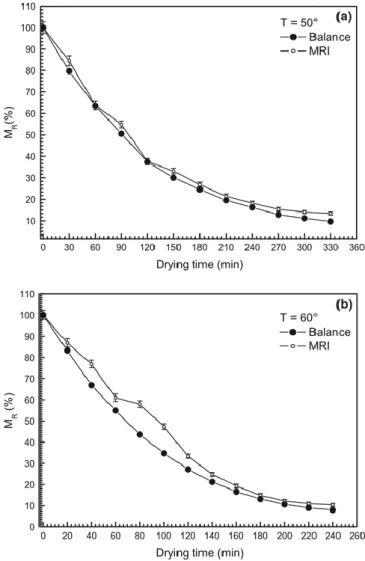 Fig. 16 Moisture ratio (%) of samples during drying obtained by gravimetric method and MRI at 