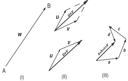Figura 1.1: Un vettore (I). Somma di due (II) o pi` u vettori (III).