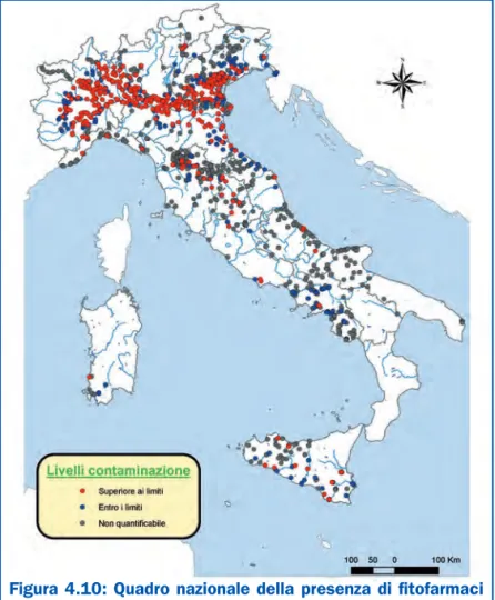 Figura 4.10: Quadro nazionale della presenza di fitofarmaci nelle acque superficiali (2008) 13